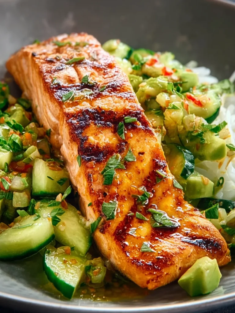 Flavorful Bang Bang Salmon with Avocado Cucumber Salsa First Image