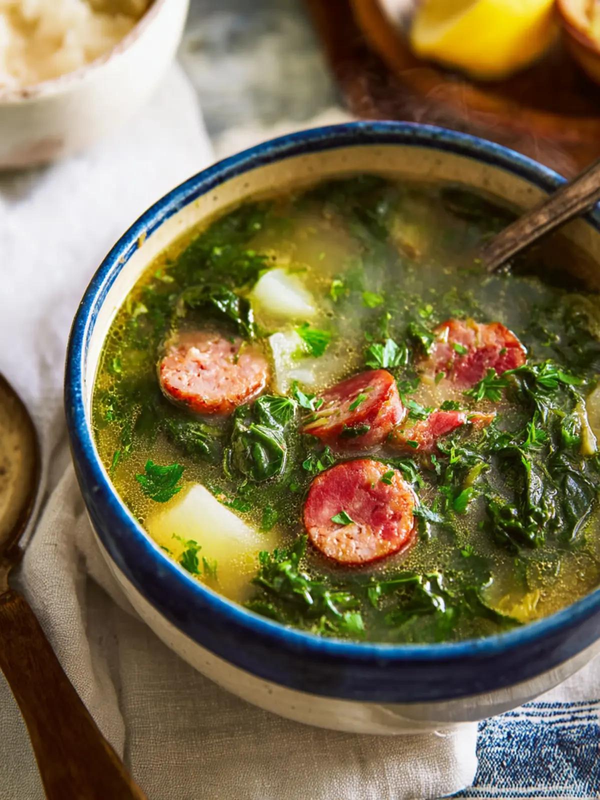 Caldo Verde (Portuguese Potato, Greens and Sausage Soup) First Image
